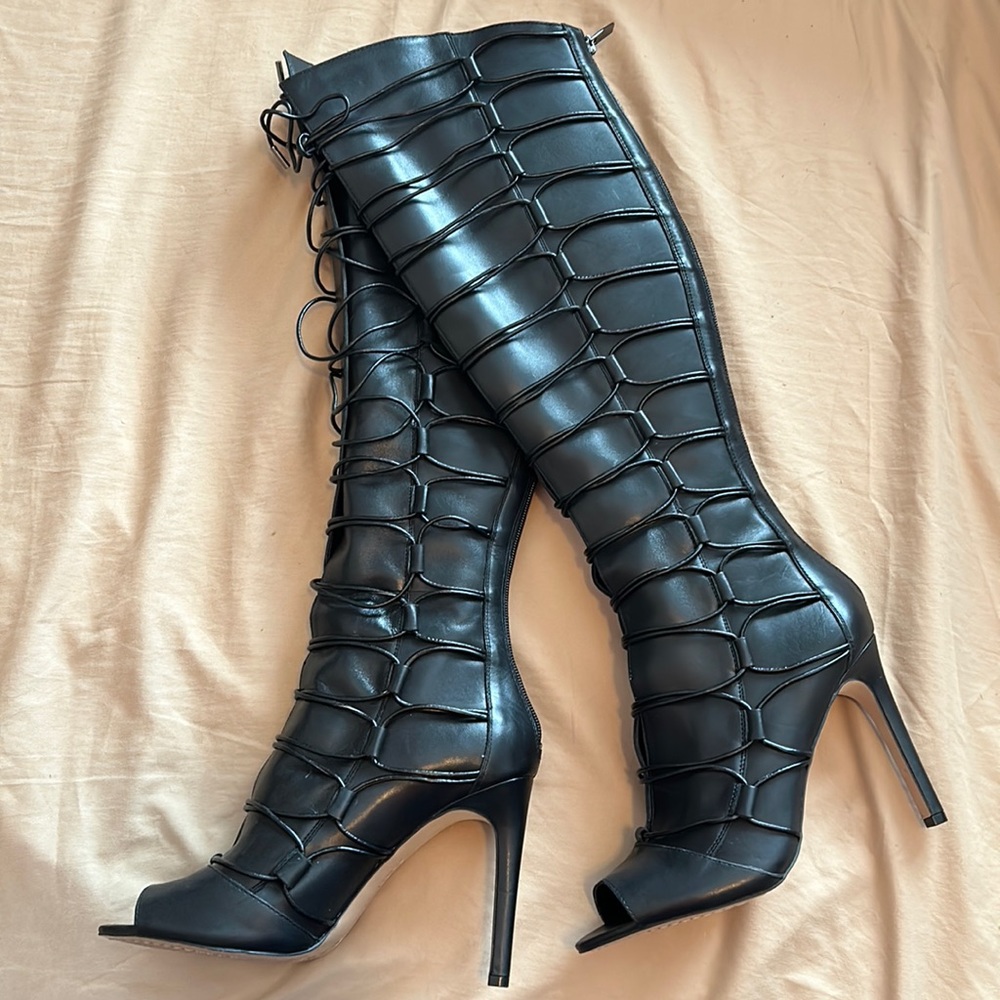 Open Toe Black Lace-Up Stilettos